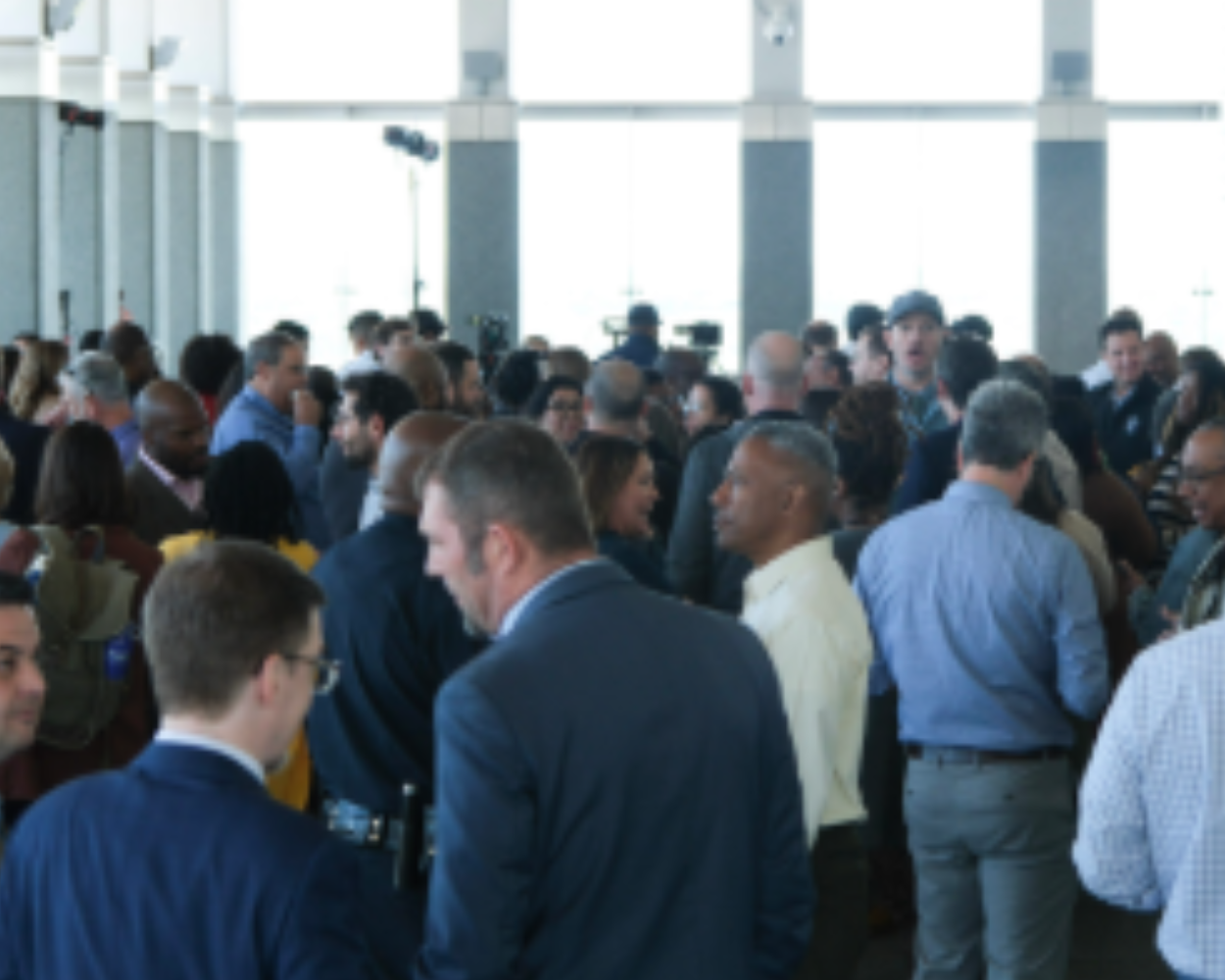 A large group of City staff gathered on the Observation Deck