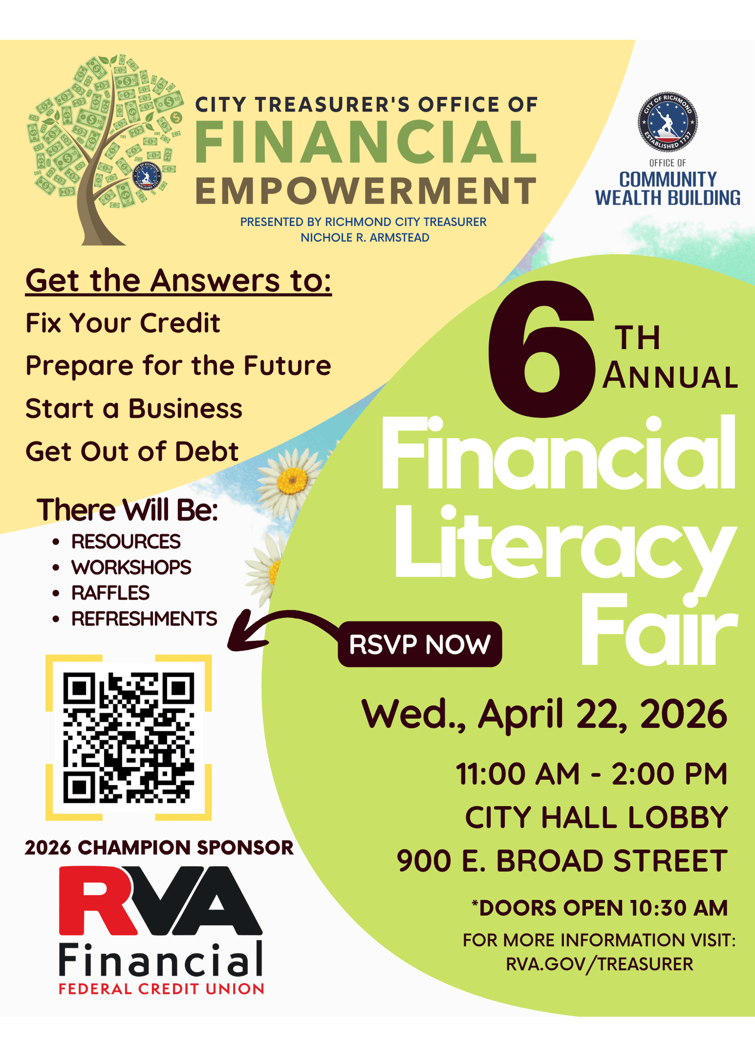 Financial Literacy Fair Flyer. Event: April 22, 2026 Time: 11:00am -2:00pm Purpose: Provide financial resources to the community through partnerships with various organizations attending the financial literacy fair