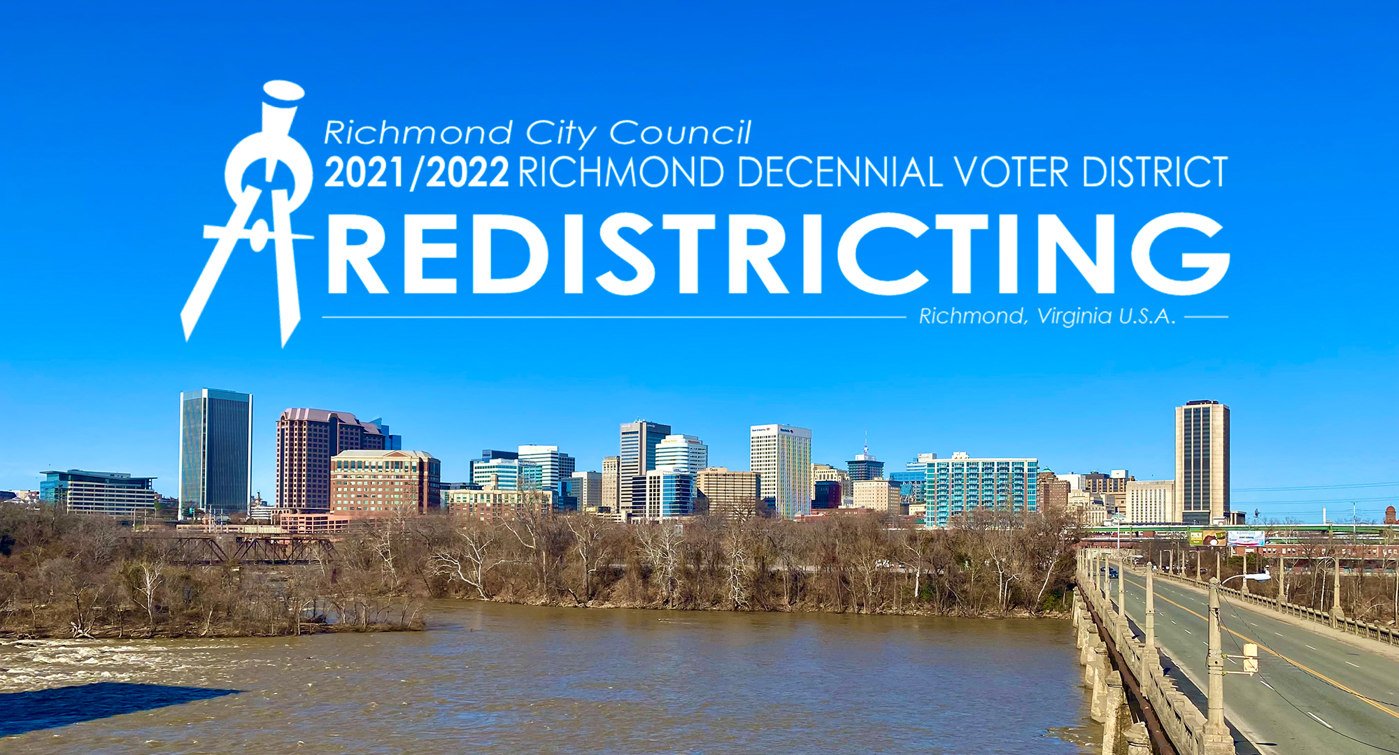 Redistricting logo above image of Richmond city skyline and the James River