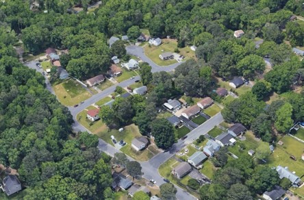 The Warwick neighborhood in Southside Richmond. Many Southside neighborhoods are low density, single family housing developments lacking basic transit, walking, and biking infrastructure.