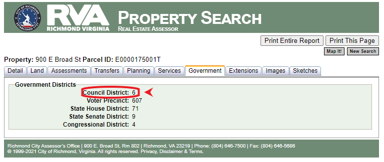 image of the real estate assessor's property search tool, displaying government district information for city hall.
