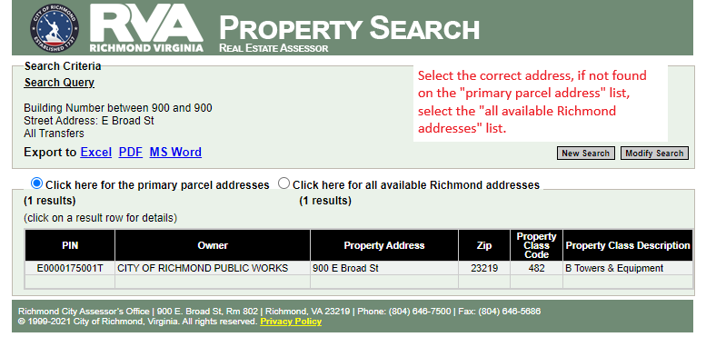 image of the real estate assessor's property search tool, displaying the address to city hall. 