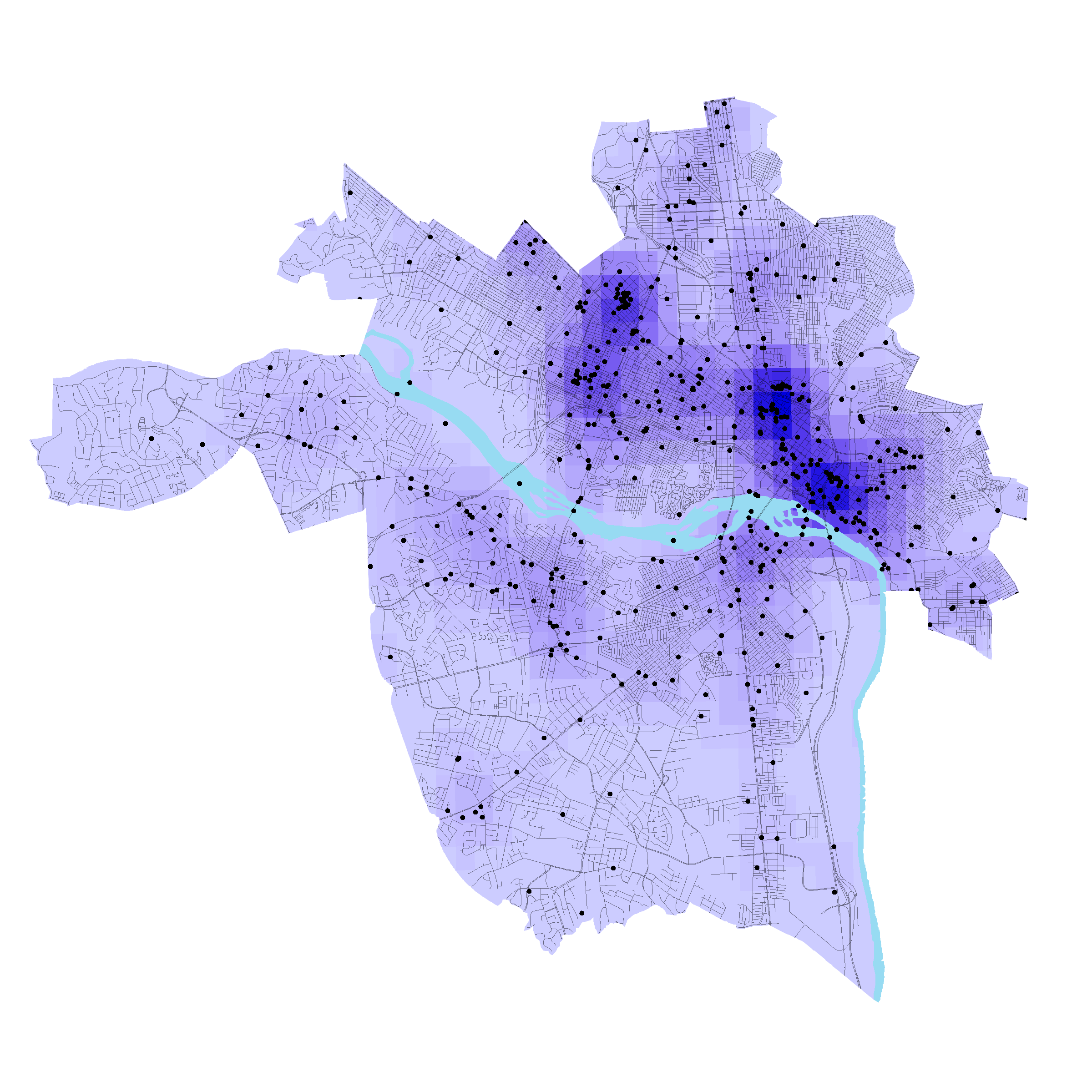 This image contains a map of Richmond in blue with darker blue areas shaded for where survey respondents noted pedestrian barriers. 