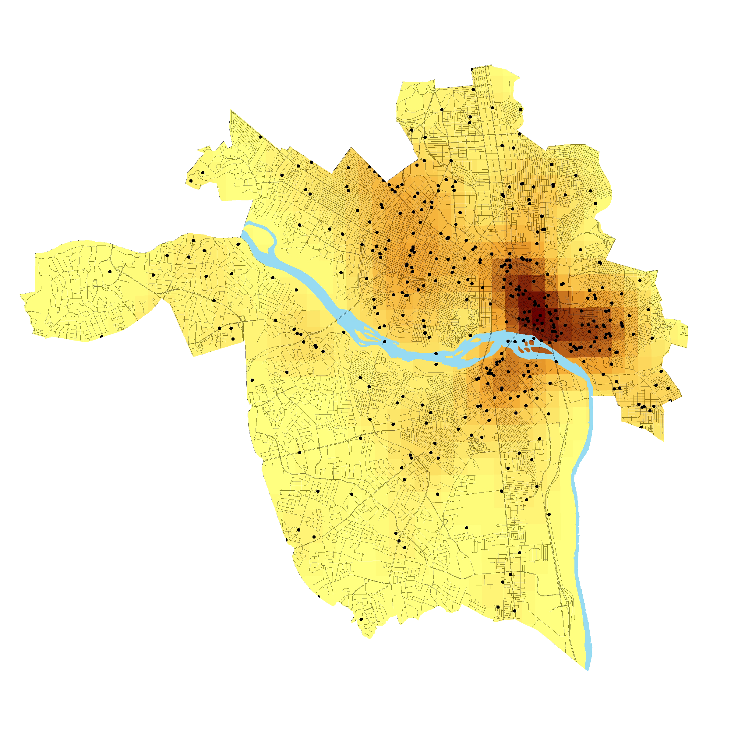 Yellow shades heatmap of transit barriers in Richmond.
