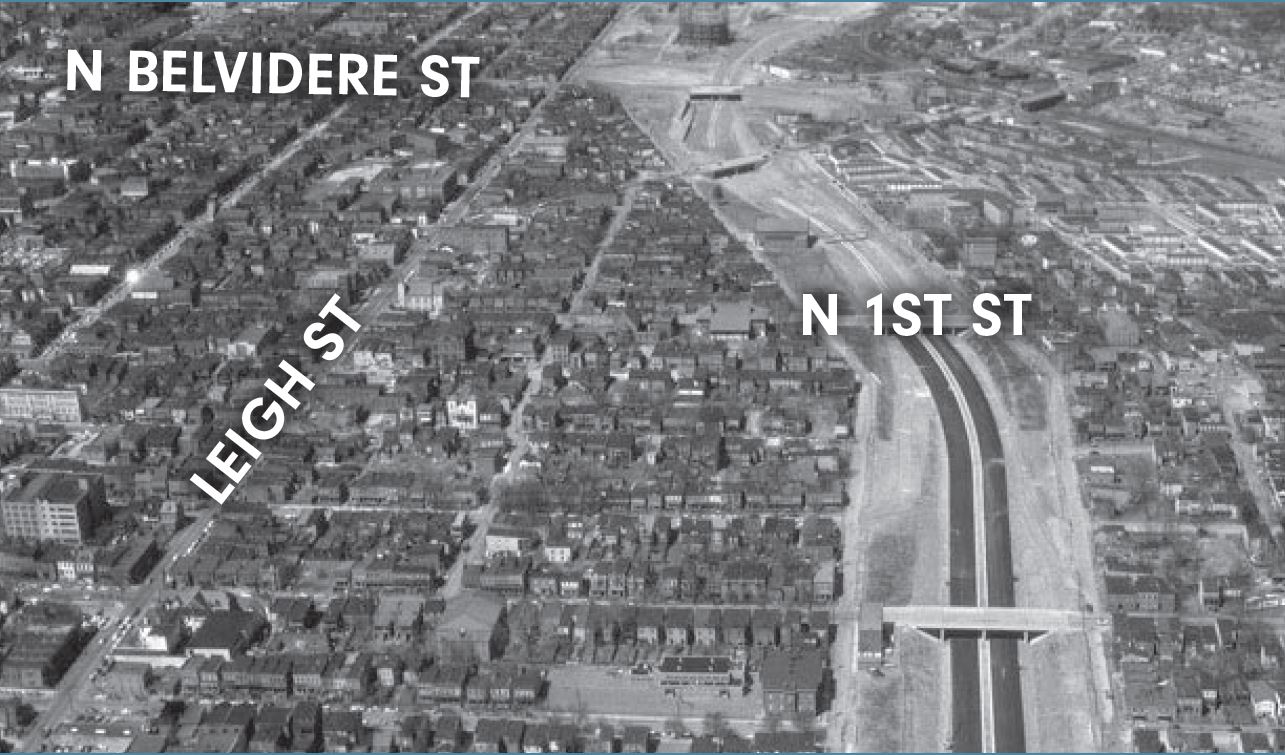 This image depicts Jackson Ward with the I95 cutting through the neighborhood. It has labels on N Belvidere St, N 1st Street and Leigh St.