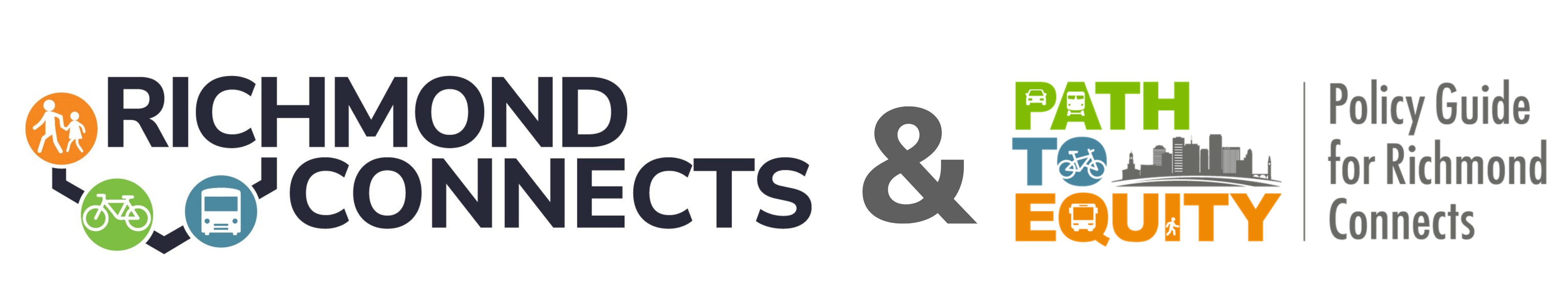 This image contains the words 'Path to Equity' in blue, green and orange with transportation symbols in the letters. Om the left is the Richmond Connects Logo with the text "Richmond Connects" in dark blue and half a hexagon around the letter R with a bike symbol in green, as transit symbol in blue, and a walk symbol in orange. 