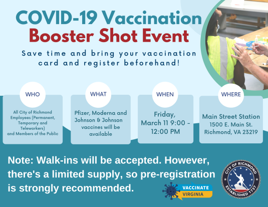 Walk-Up Vaccination Event for City Employees and the Public. Friday March 11th from 9am-12pm 