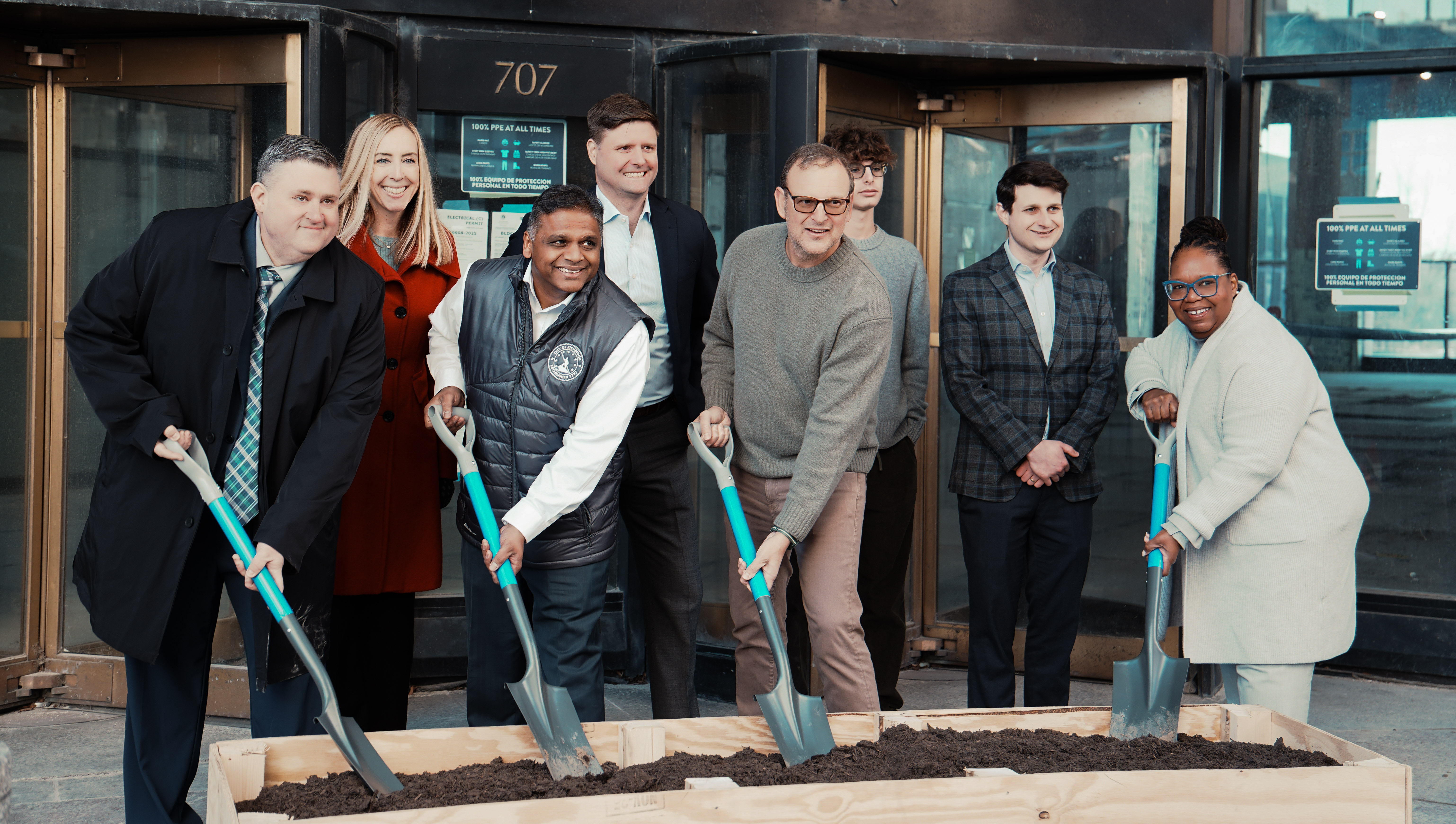 Richmond City leaders with shovels breaking ground at a project development site