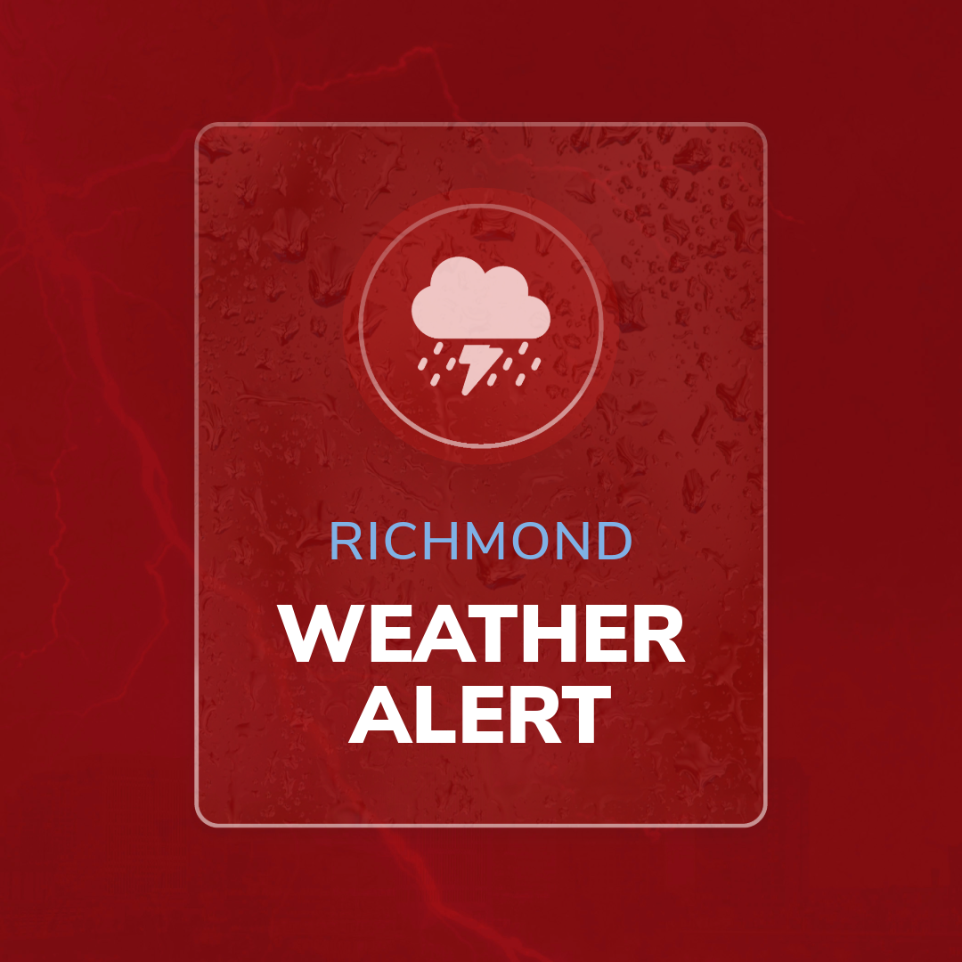 "Richmond Weather Alert" on a red background with a thundercloud and rain