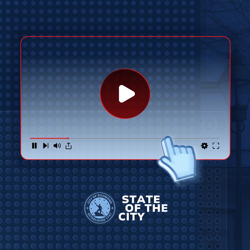 An image of the State of the City logo with a blank YouTube screen and a finger pressing play