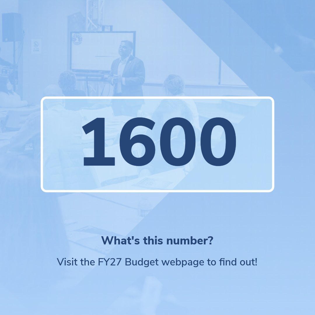 a big box with the number 1600 and the text "What is this number? Visit the FY27 budget page to find out."