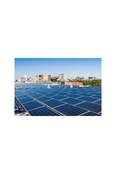 An image of the Richmond skyline with solar panels in the foreground