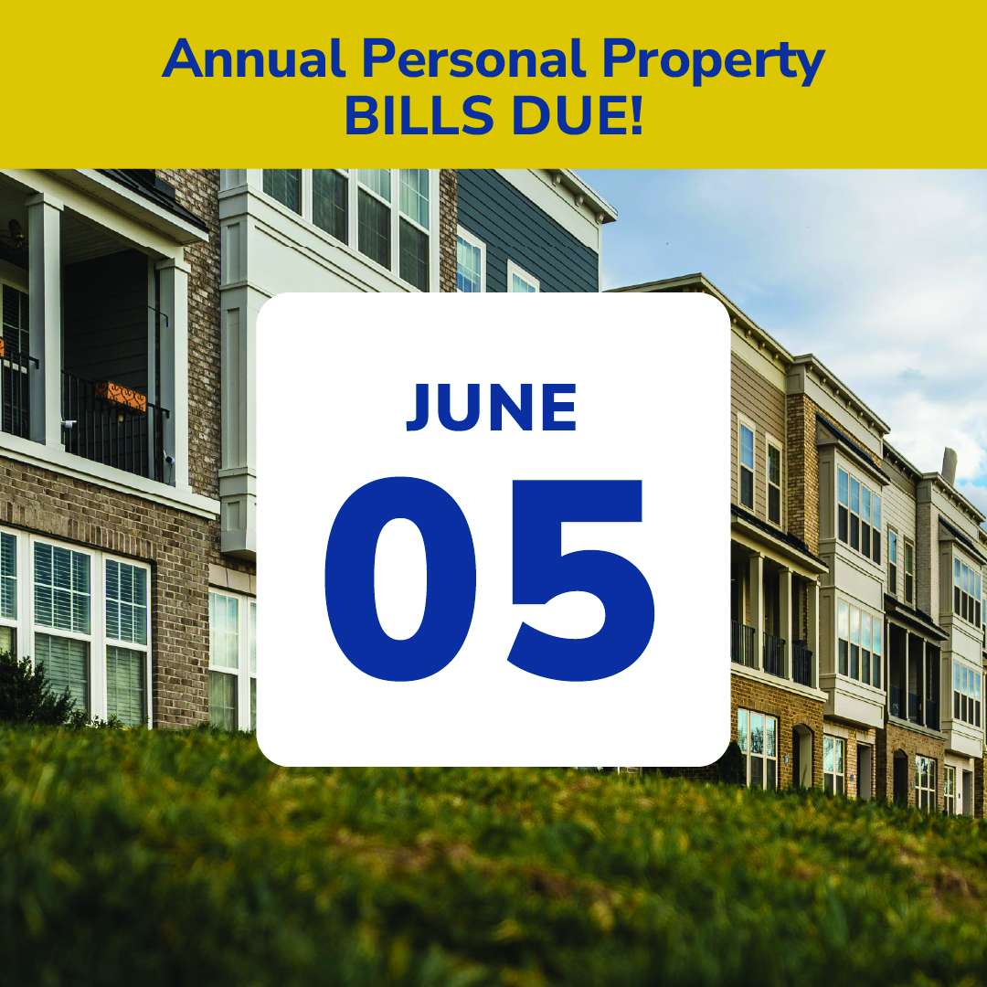 Annual Personal Property Bills Due June 5 on a background of city buildings