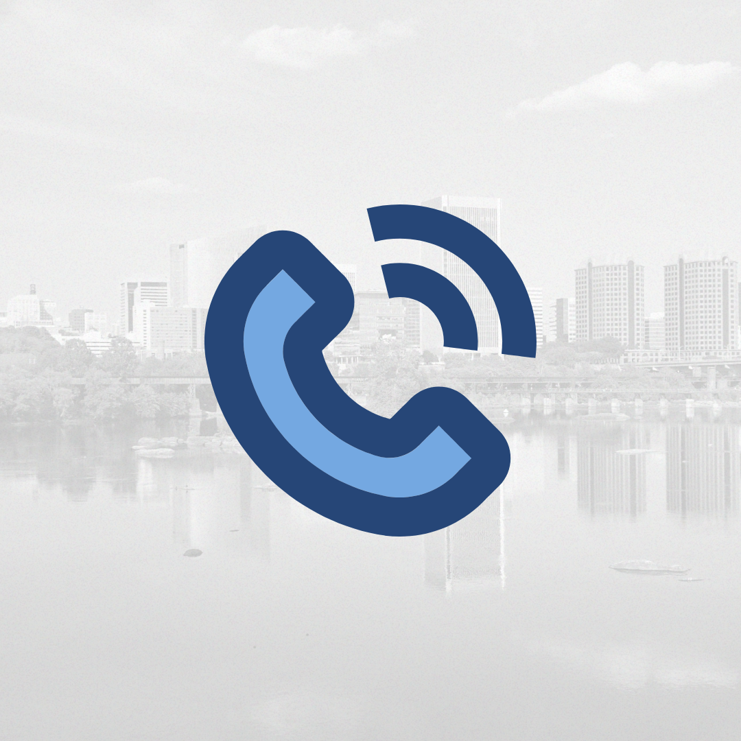 A blue telephone on a white background featuring the Richmond cityscape.