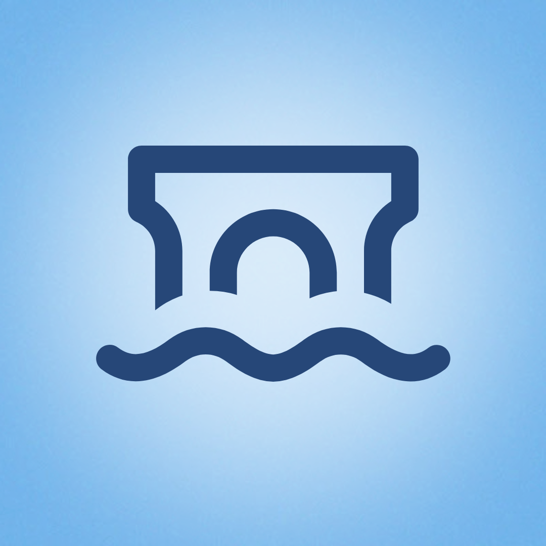 A blue icon of a bridge and water on a blue background