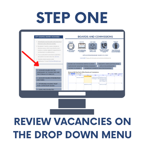 Step 1: review vacancies on the drop down menu to the left if you are on a computer and underneath the contact us box if you are using a mobile device. 
