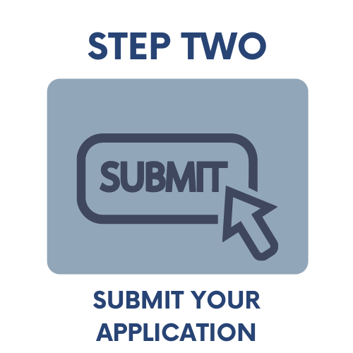 Submit your application, blue square with an image of a letter. This button links to a pdf application or the application portal.