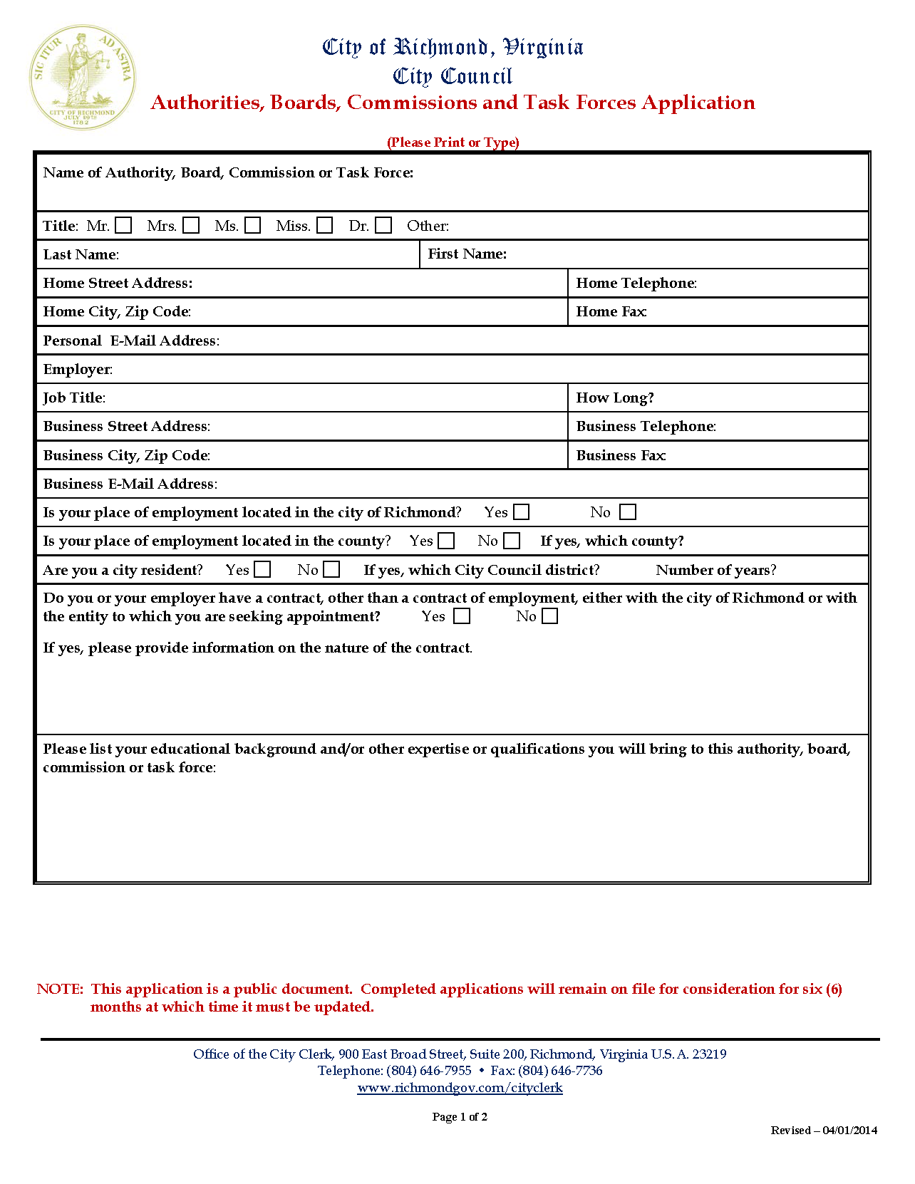 image of the boards and commissions appointment application form, click the image to view and download the applicaiton