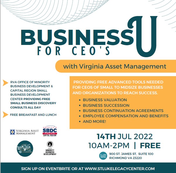 Business U for Start Ups! FREE workshop providing tools for success for business owners at every stage of their business, powered by Virginia Asset Management.