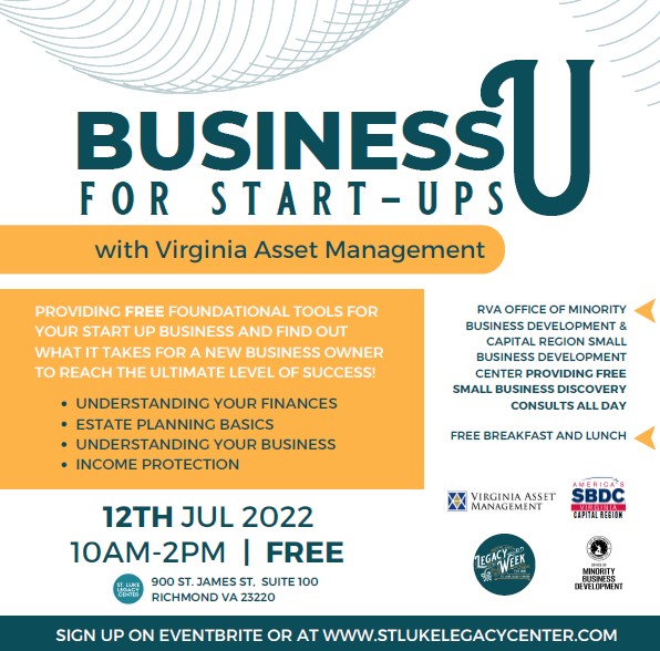 Business U for Start Ups! FREE workshop providing tools for success for business owners at every stage of their business, powered by Virginia Asset Management.
