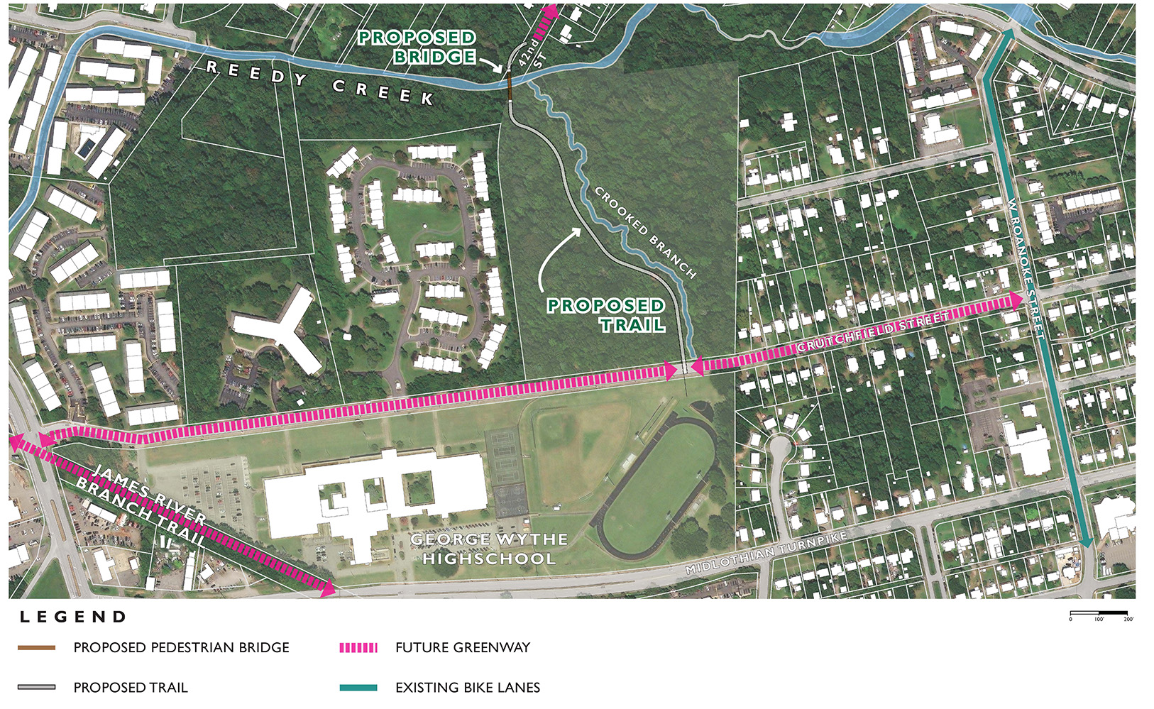 Map of Crooked Branch Trail and placement of the new bridge