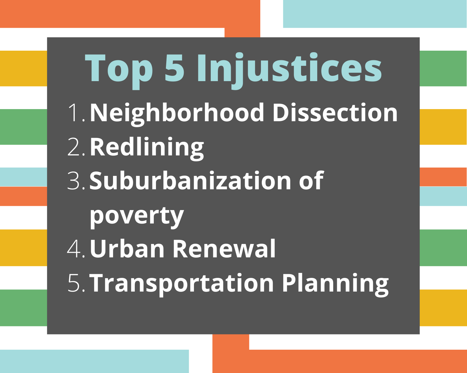 This image has bright lines in the background and the following text: 1. Neighborhood Dissection 2. Redlining 3. Suburbanization of poverty. 4. Urban Renewal 5. Transportation Planning