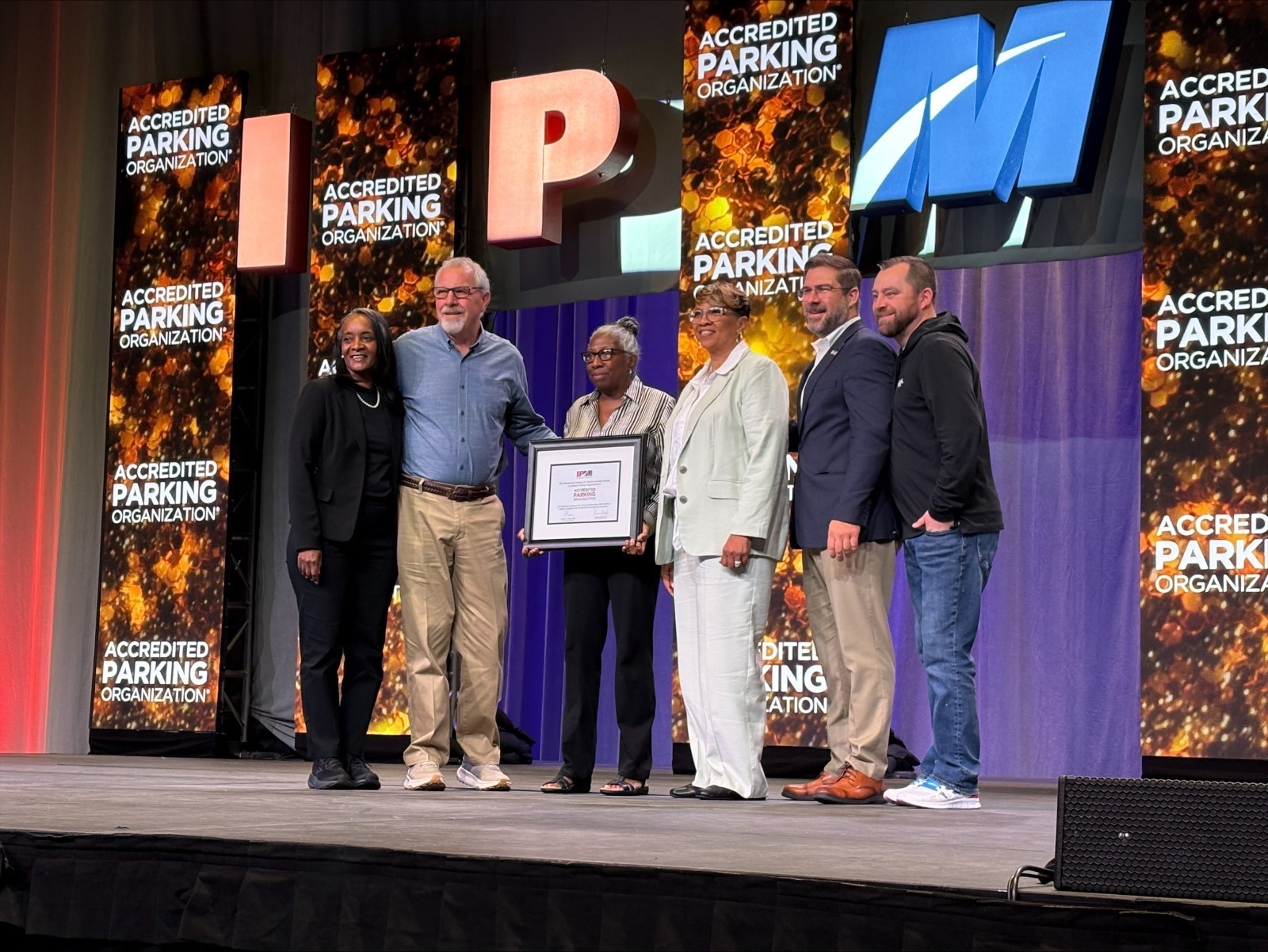 Pictured (L to R): Yvette Neville, SP+; Steve Bergin, City of Richmond; Lynne Lancaster, City of Richmond; Gail Johnson, City of Richmond; Justin Rodgers, SP+; Brett Munkel, SP+ are presented the distinction at the annual IPMI meeting in Louisville, KY