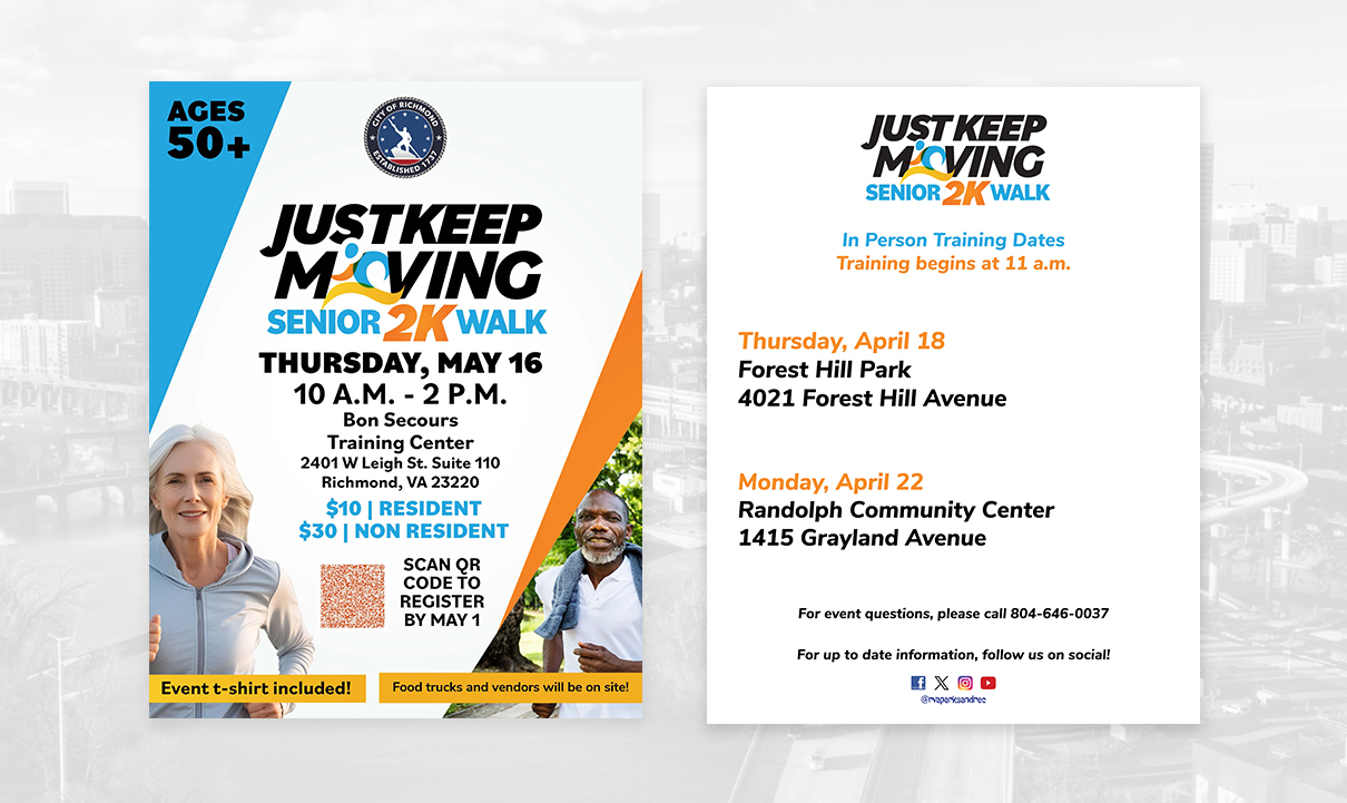 Just Keep Moving Senior 2K Walk and Trainings Flyers