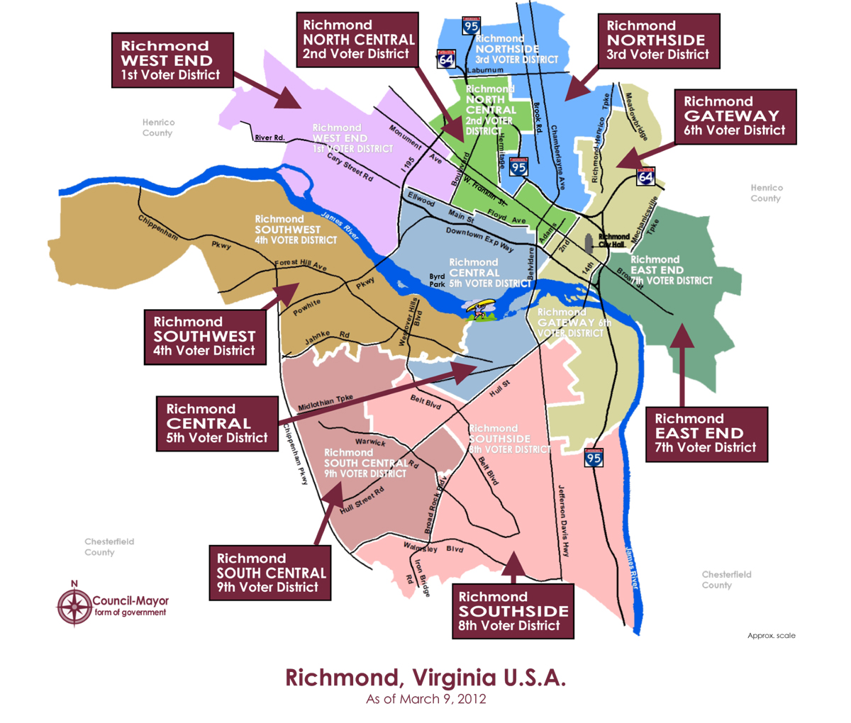 Map of the 2012-2021 Richmond Voter Districts