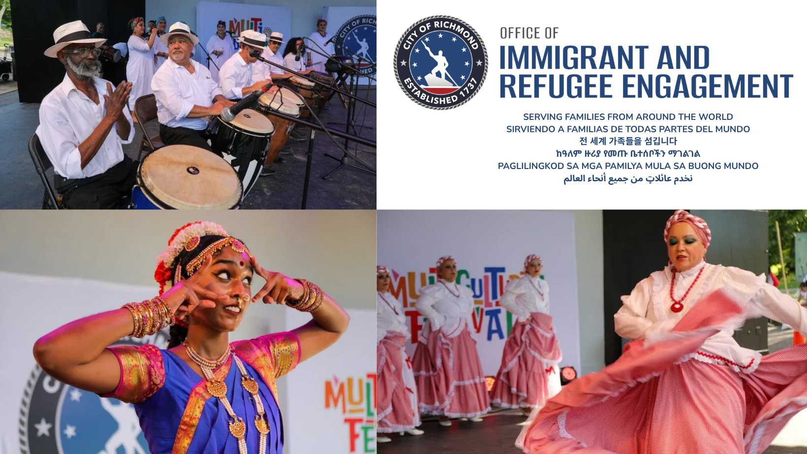 Banner for the City of Richmond's Office of Immigrant and Refugee Engagement, featuring the city seal and multilingual tagline "Serving Families from Around the World," alongside photos of cultural performers at a Multicultural Festival, including drummers, a Bharatanatyam dancer, and folklorico dancers.