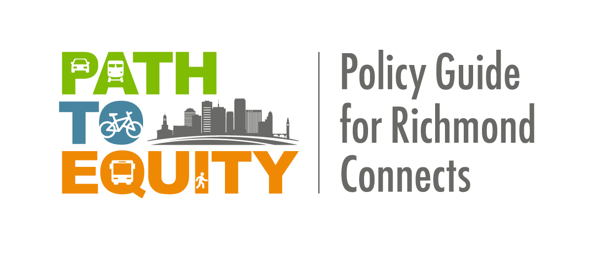 This images contains the words Path to Equity in green, blue, and orange respectively, with a stylized city skyline image to the right of the words. There are several icons including a car, bus, train, bike and pedestrian in the lettering of the words. 