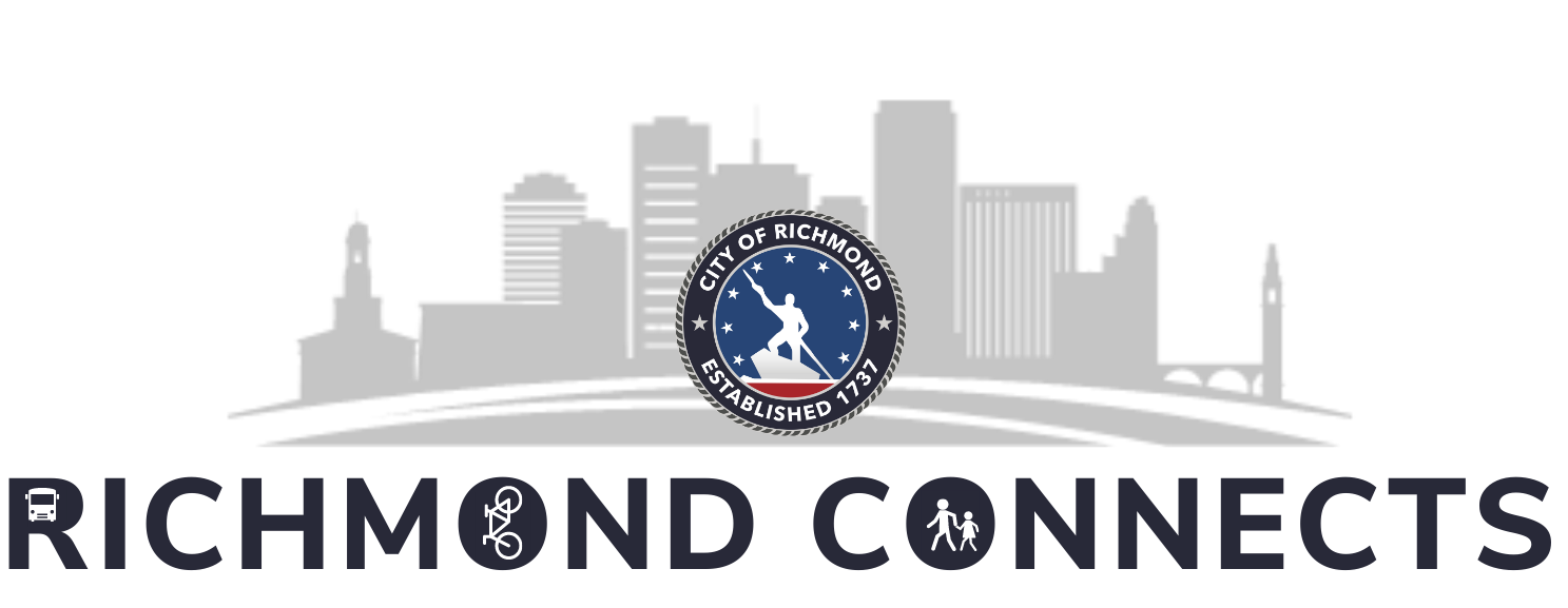 This image contains a stylized city skyline in grey with the Richmond Bateau Man logo in the center. The words Richmond Connects are below.