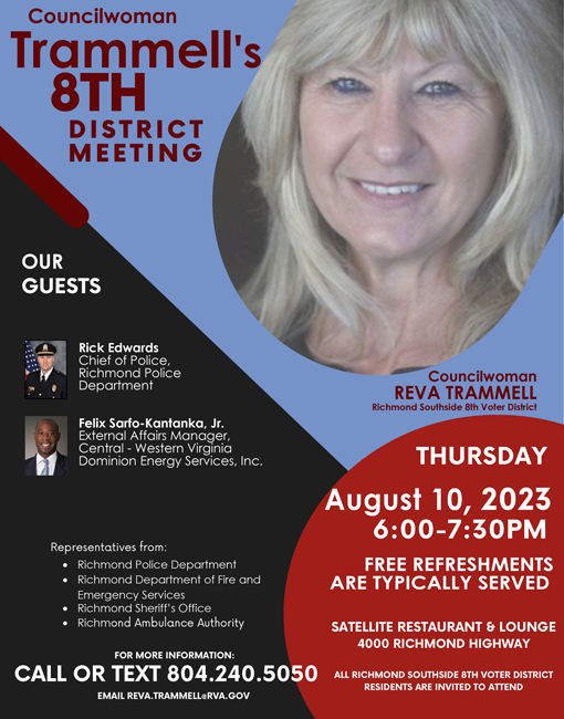 Flyer detailing Reva Trammell's 8th District Meeting on August 10, 2023 (English version)
