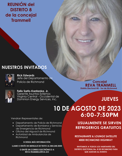 Folleto que detalla la reunión del distrito 8 de Reva Trammell el 10 de agosto de 2023 (versión en español)