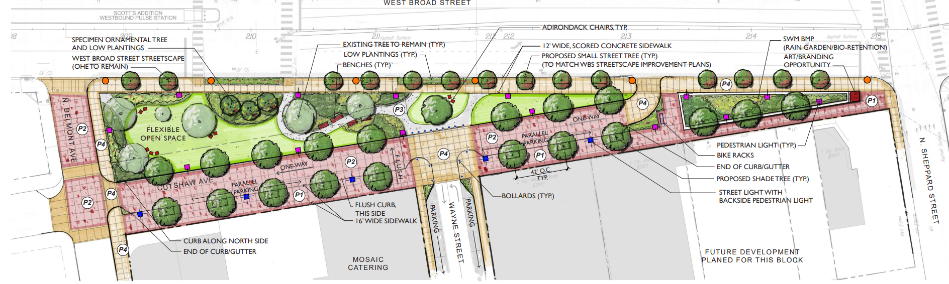 Design Drawing of the proposed expanded West Broad Street Green from Belmont Ave to Sheppard St along Broad St.