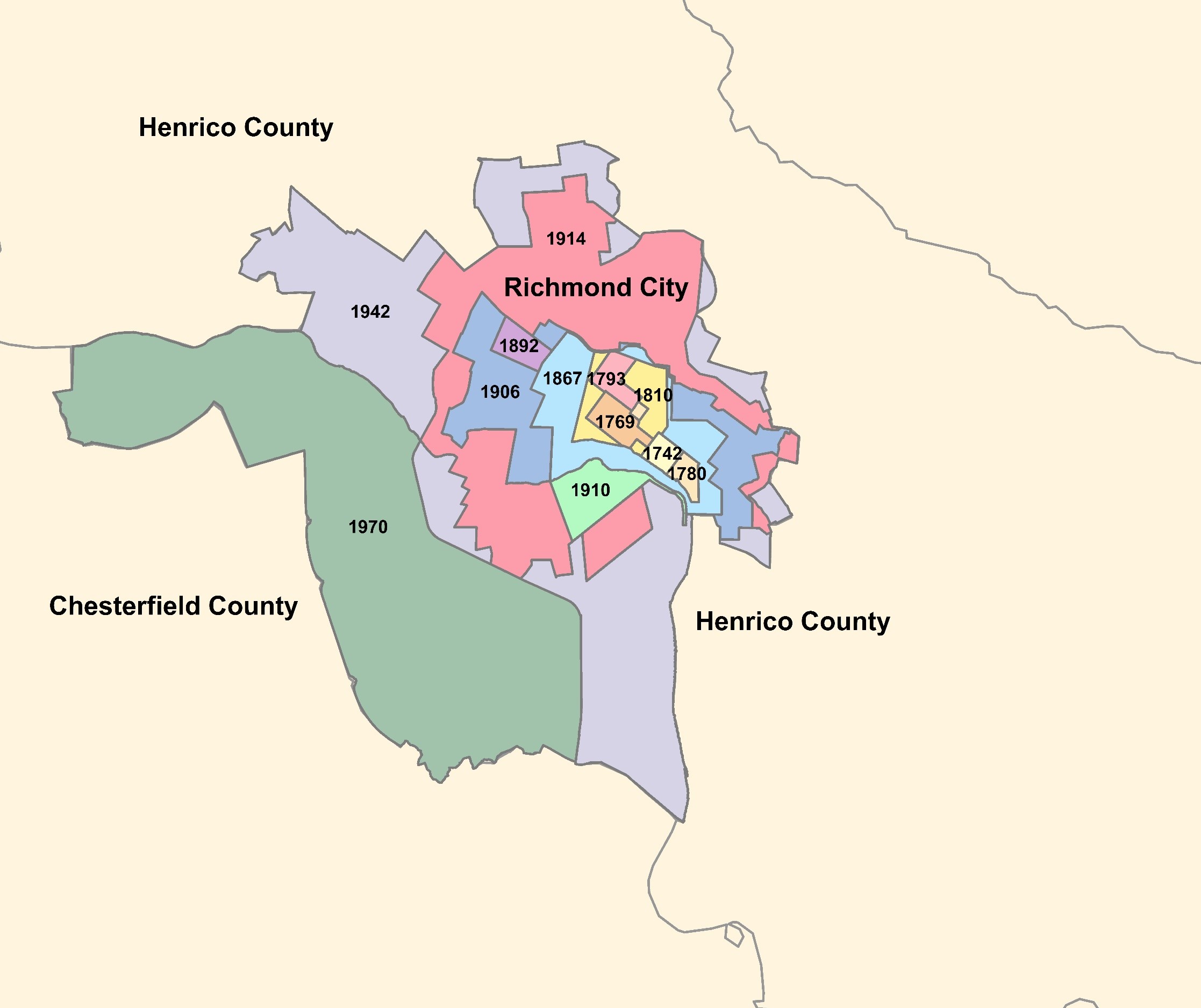 Figure 17. Map showing the dates of Richmond’s annexation. Since 1984, Virginia has held a moratorium on further annexation. Source: UVA Weldon-Cooper Center for Public Service.