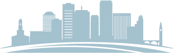This image depicts a stylized Richmond City skyline, shown as a light blue silhouette.  