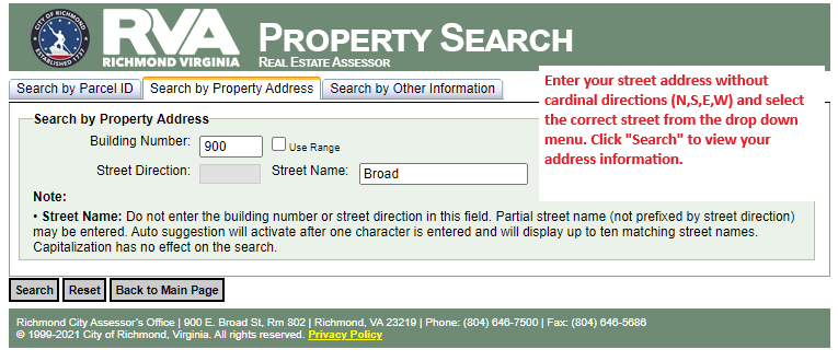 image of the real estate assessor's property search tool, with keyword bars to enter building number and street name.