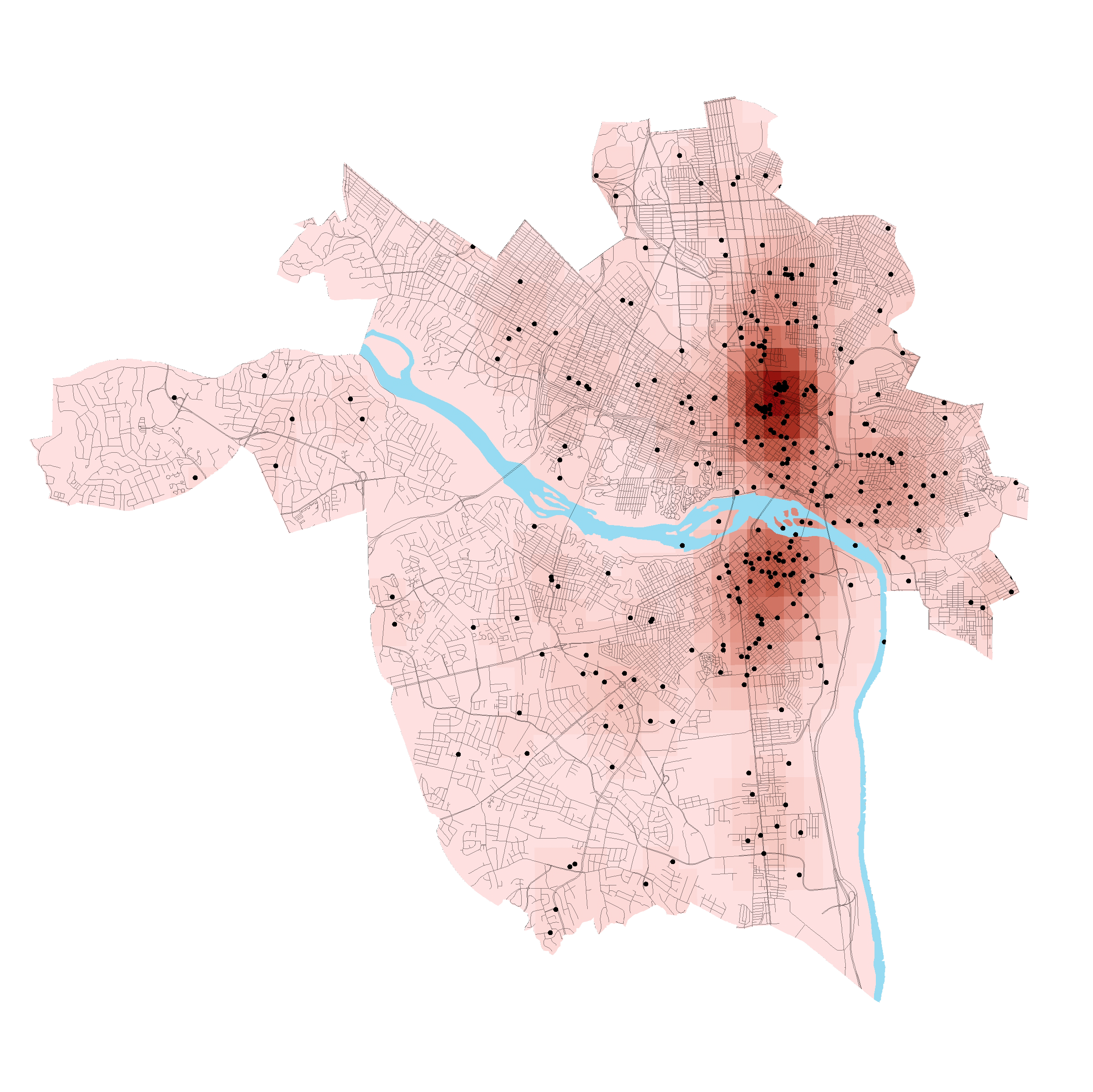 Pink and red hued heat map showing clusters of barriers to accessing services. 