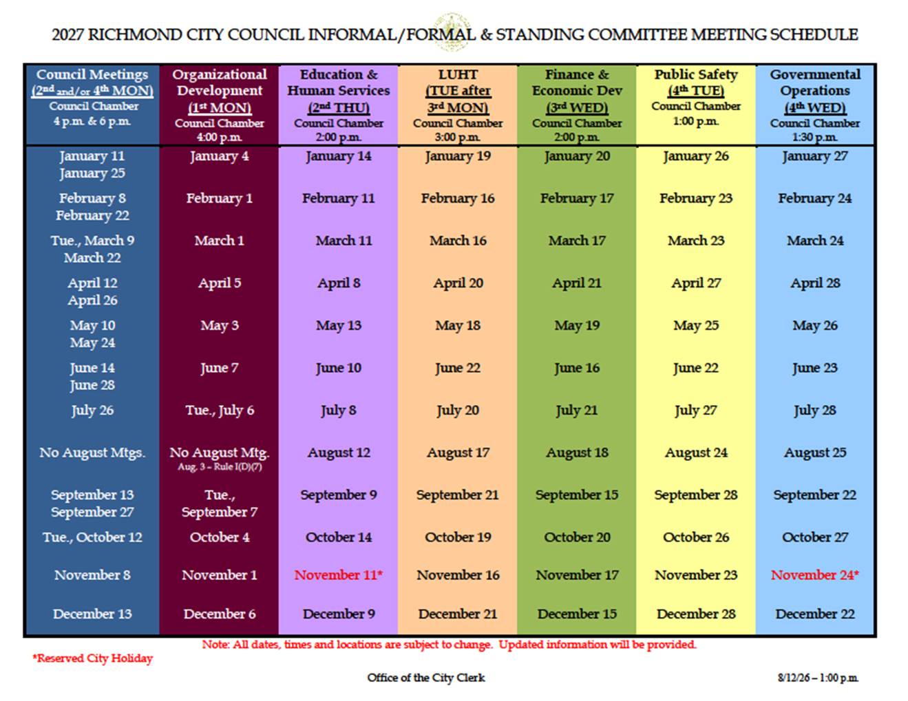 Informal/Formal and Standing Committee Meeting Schedule