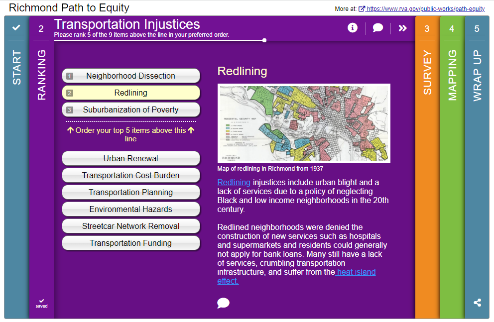 This image shows a screen shot of the survey including multiple colorful tabs and movable elements for the ranking exercise.