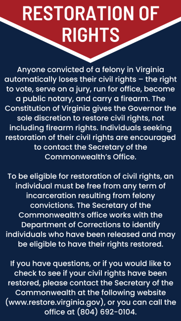  image with text about Restoration of Rights call for assistance in reading