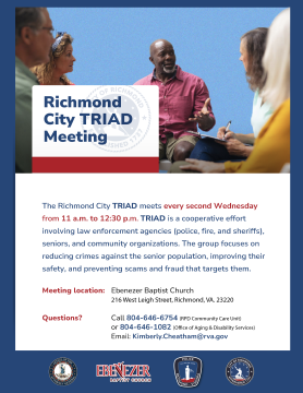 "Flyer announcing the Richmond City TRIAD Meeting, including details about meeting times, location at Ebenezer Baptist Church, and contact information for community services."