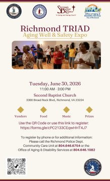 A flyer for the Richmond TRIAD Aging Well & Safety Expo featuring logos at the top, a photo of a group of adults dancing in a community setting, and event details including date, time, location, activities, registration link, contact numbers, and a QR code.